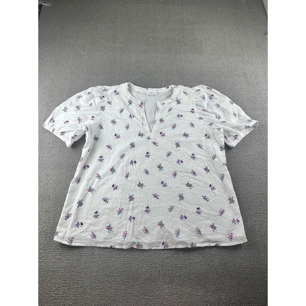 Loft Blouse Women XL White Puff Sleeve V-Neck Clip Dot Bohemian Floral Peasant
